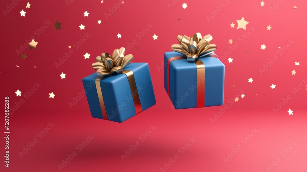 Two Colorful Gift Boxes with Golden Bows Floating Above a Festive Red Background with Gold Stars, Ideal for Holiday and Celebration Themes, Perfect for Promotional Use Two Colorful Gift Boxes with Golden Bows Floating Above a Festive Red Background with Gold Stars, Ideal for Holiday and Celebration Themes, Perfect for Promotional Use