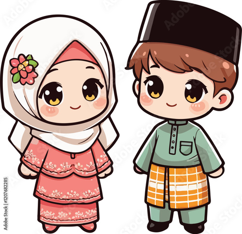 Sticker Cute muslim boy and girl