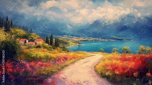 Fototapeta Naklejka Na Ścianę i Meble -  oil painting illustration, beautiful small Italian town with flower blossom spring season