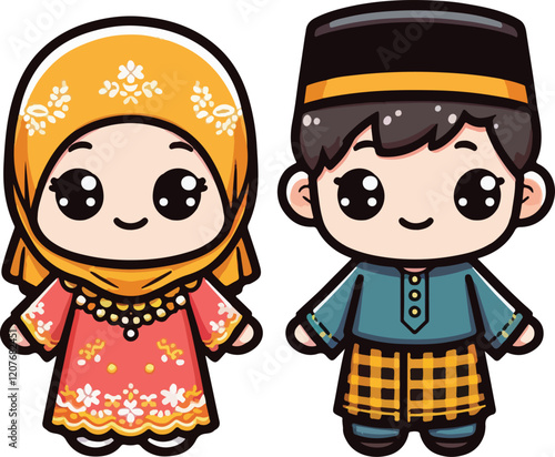 Cute muslim boy and girl. Happy Ramadan, Happy Fasting Day. Selamat Hari Raya Aidilfitri greeting card cartoon character.