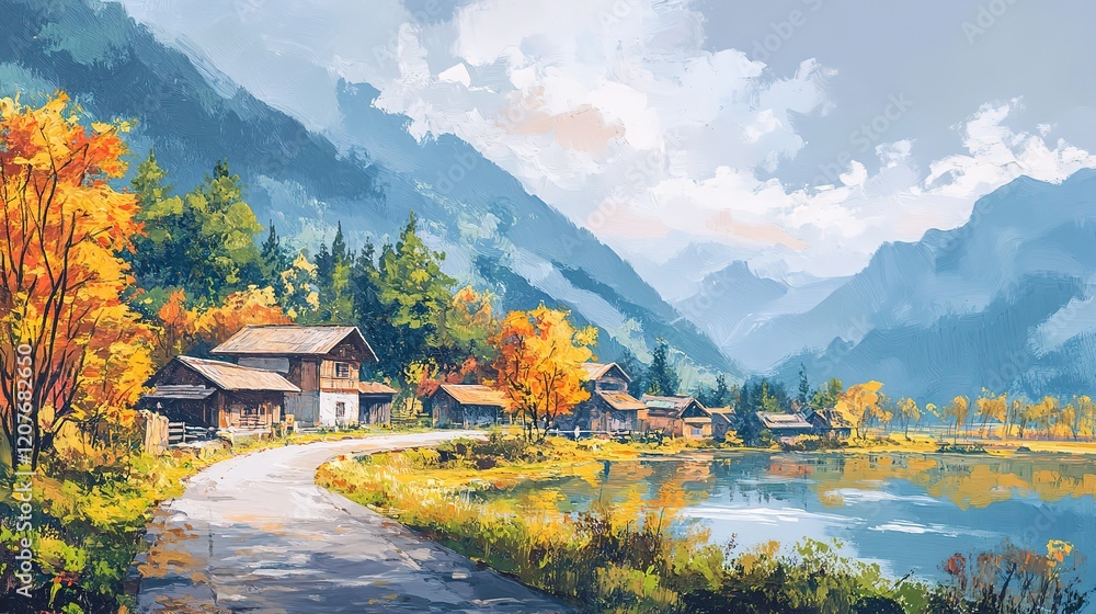 Fototapeta premium oil painting illustration, Asian rural countryside with river and small town surround with green forest and mountains