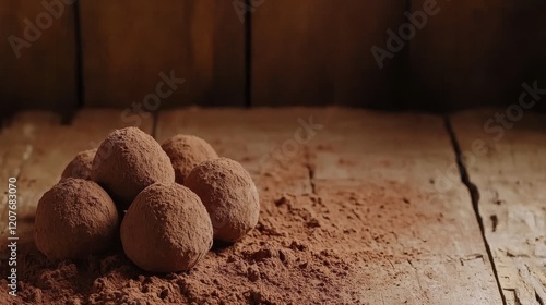 Chocolate truffles made with cocoa powder placed on a rustic wooden table highlighting their smooth texture and rich brown color in a cozy setting