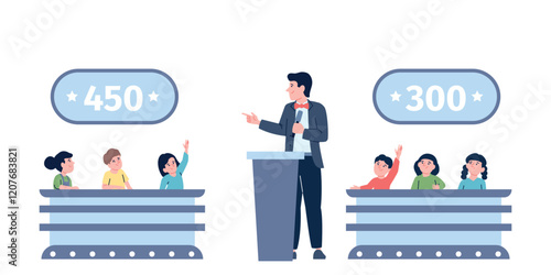 Children quiz competition. Little kids answering on presenter question. Childish tv show, media entertainment or game in studio. Two team compete, recent vector scene