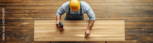 A skilled worker carefully sanding a wooden table in a workshop, showcasing craftsmanship and attention to detail. photo