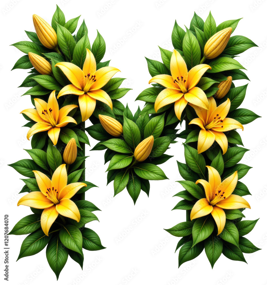 Yellow lilies and buds form the letter H on transparent background