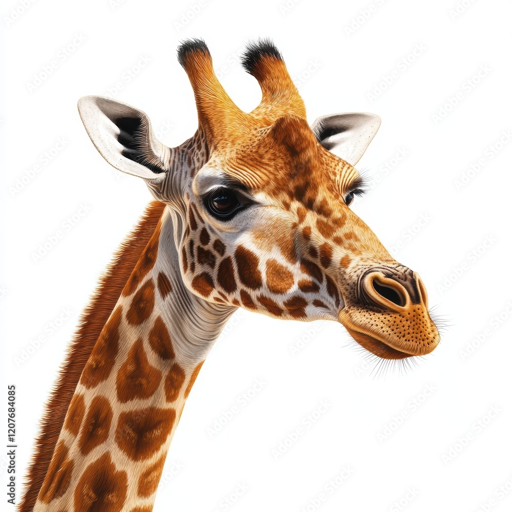Obraz premium A giraffe with a long neck and brown spots is staring at the camera