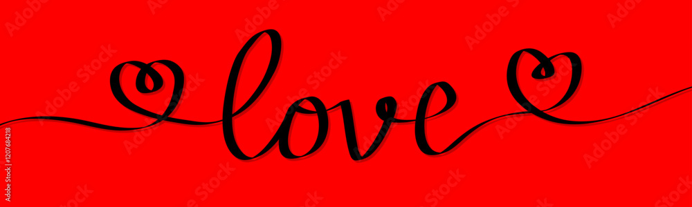 Thread ribbon in shape of word Love. Two hearts. Hand drawn Love word One line style. Lettering for header, announcement, advertising, poster, banner. Flat design. Red background. Isolated. Vector