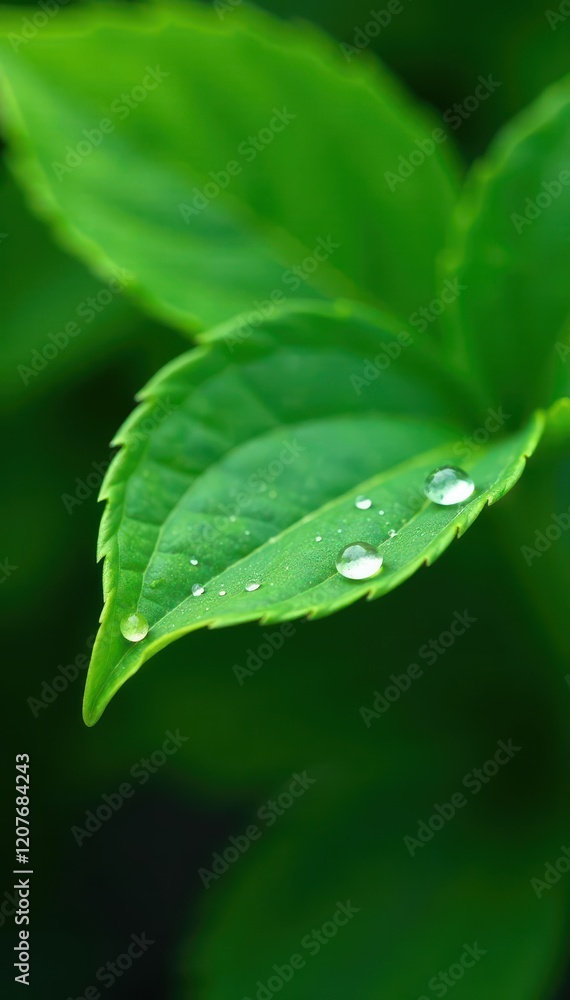 Tiny water droplets cling to the surface of a delicate green leaf, green, foliage, relaxation Tiny water droplets cling to the surface of a delicate green leaf, green, foliage, relaxation
