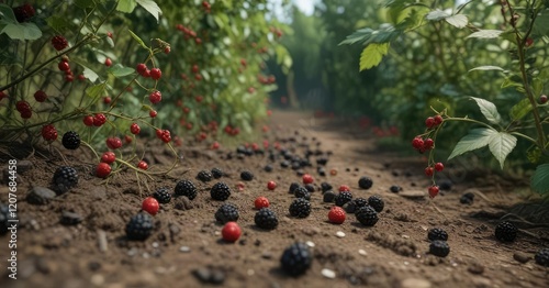 Blackberry vines and stems with ripe berries on the ground , vines, branches