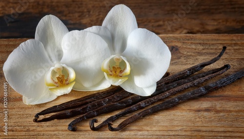 Delicate white orchids and vanilla beans carefully arranged on a rich wooden surface  photo