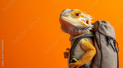 Bearded dragon wearing a backpack against an orange background, with space for copy, conceptualizing travel and adventure, a trip for summer vacation, Concept for travel and vacation,  photo