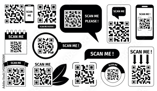 Barcodes for scan. Qr codes badges, e wallet, digital payment template for app or site. Scan me mobile and printable elements, id recent vector design