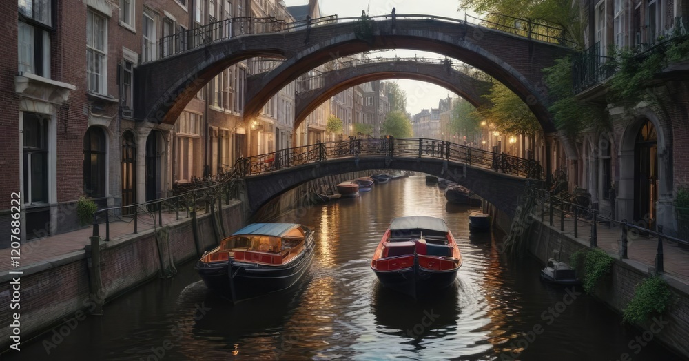 Boat navigating through Amsterdam's narrow canals and under ornate bridges, boat, amsterdam Boat navigating through Amsterdam's narrow canals and under ornate bridges, boat, amsterdam