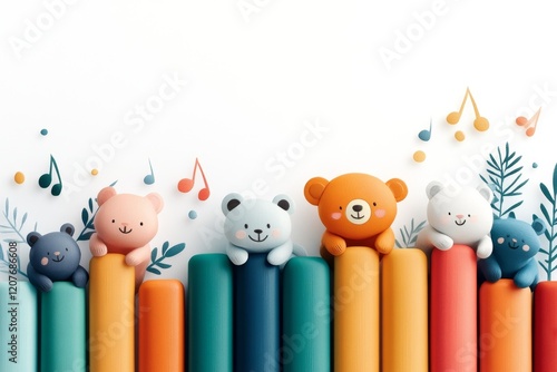 A cheerful drawing of a xylophone with animal-shaped keys, surrounded by musical notes, drawn in bold, bright colors against a white background photo