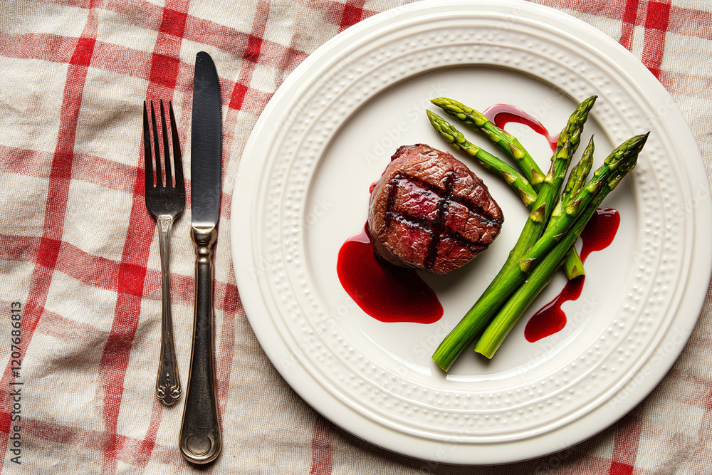 Elegant presentation of a filet mignon on a white plate with asparagus and a drizzle of red wine reduction. Elegant presentation of a filet mignon on a white plate with asparagus and a drizzle of red wine reduction.