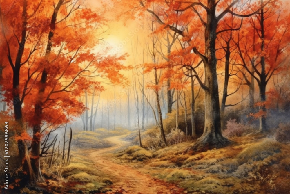 path through a beautiful autumn forest flooded with light., watercolor style, Generative AI path through a beautiful autumn forest flooded with light., watercolor style, Generative AI