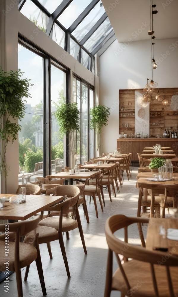 Fototapeta premium Bright and airy restaurant with a focus on natural light and modern furniture, comfortable seating, high ceilings