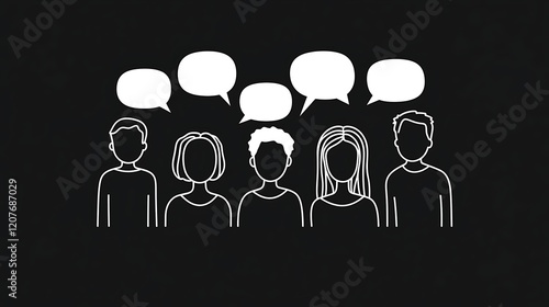 Group of People Engaging in a Discussion with Speech Bubbles Illustrating Communication and Collaboration Against a Dark Background