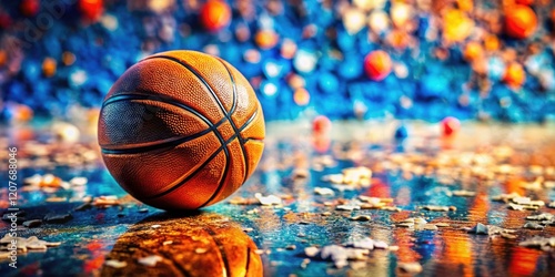 Tilt-shift grunge: orange, blue, black, and white abstract background, Final Four basketball.