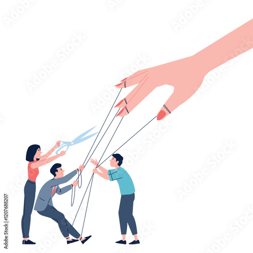 Girl manipulator. Man tied with threads to woman hand, control and manipulation in relationship. Friends or colleagues free guy from addiction, recent vector scene
