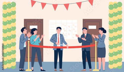 Opening ceremony. Owner boss cutting red ribbon on inauguration new office store building company. Managers team clapping, flat business recent vector scene