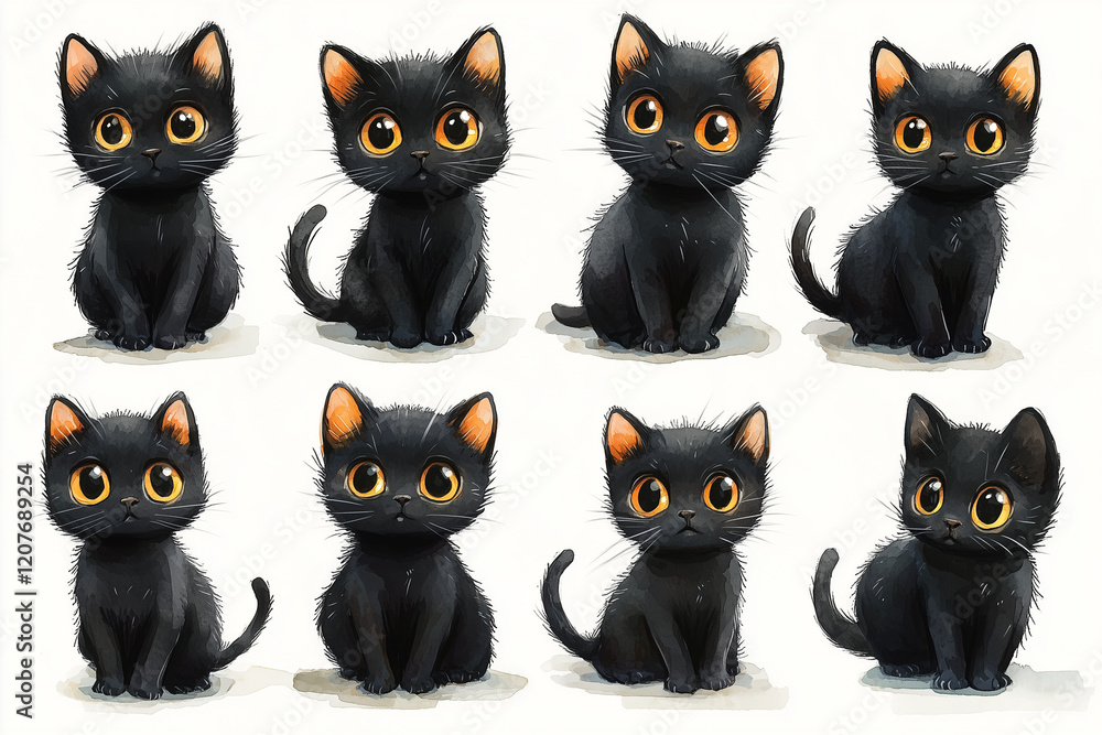 Set of cute black kitten cat with Halloween's Day elements. Isolated on white background. Can be used for Halloween's day, greeting cards and invitations. Hand drawn watercolor Set of cute black kitten cat with Halloween's Day elements. Isolated on white background. Can be used for Halloween's day, greeting cards and invitations. Hand drawn watercolor