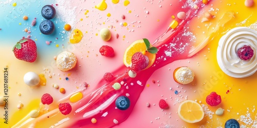 Abstract background with desserts and sweets and vibrant splashes of color in artistic patterns, energetic and bold. photo