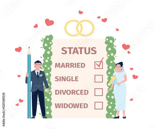 Marital status concept. Young couple change social status, just married characters. Newlyweds, groom and bride. New family recent vector scene