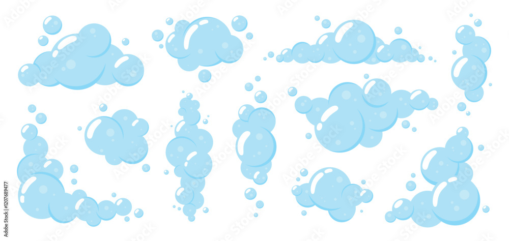 Cartoon isolated soap foam. Bubbles elements borders, foam for hand washing, shower or bath. Laundry and cleaning, shampoo gel soda racy vector effects
