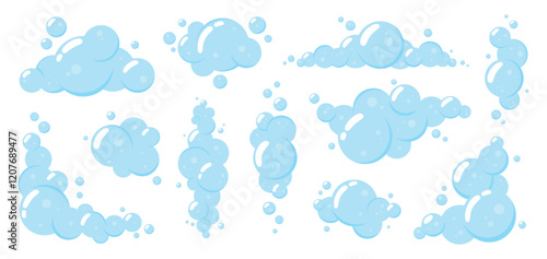 Cartoon isolated soap foam. Bubbles elements borders, foam for hand washing, shower or bath. Laundry and cleaning, shampoo gel soda racy vector effects