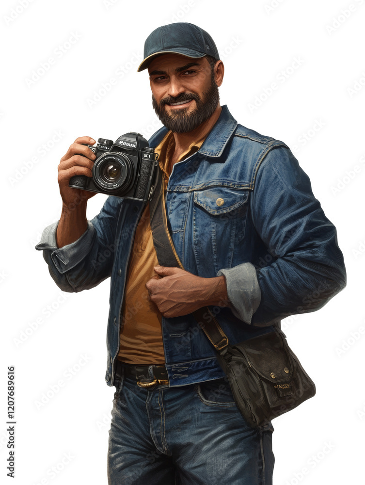 A smiling bearded man in casual attire holds a vintage camera appearing happy and confident. A smiling bearded man in casual attire holds a vintage camera appearing happy and confident.