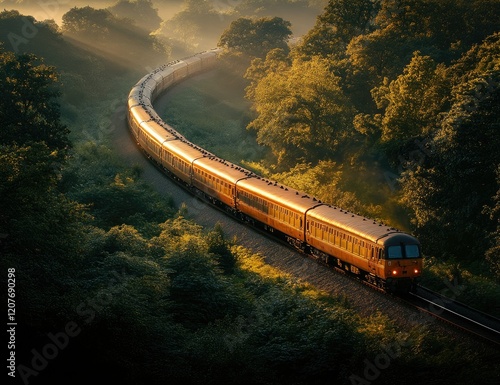Train journey through lush green forest serene landscape nature photography early morning sunlight captivating viewpoint