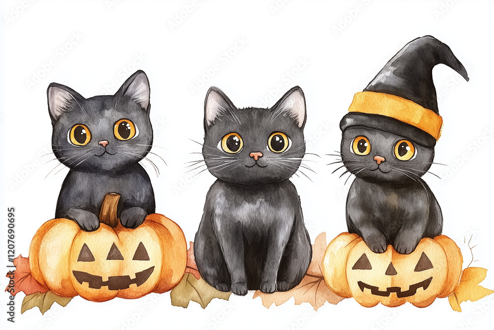 Set of cute black kitten cat with Halloween's Day elements. Isolated on white background. Can be used for Halloween's day, greeting cards and invitations. Hand drawn watercolor Set of cute black kitten cat with Halloween's Day elements. Isolated on white background. Can be used for Halloween's day, greeting cards and invitations. Hand drawn watercolor