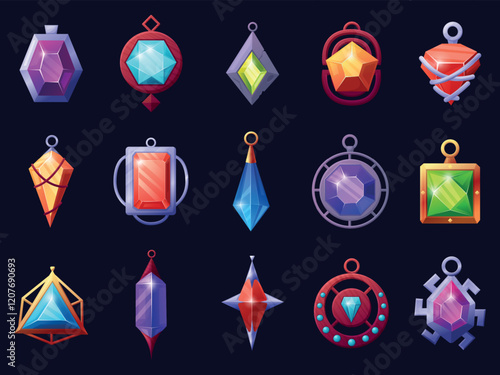 Gems game amulets. Magic crystals mascots icons, gui ui elements. Wizard witch or heroes amulet with colorful quartz orbs and gemstones, nowaday vector set