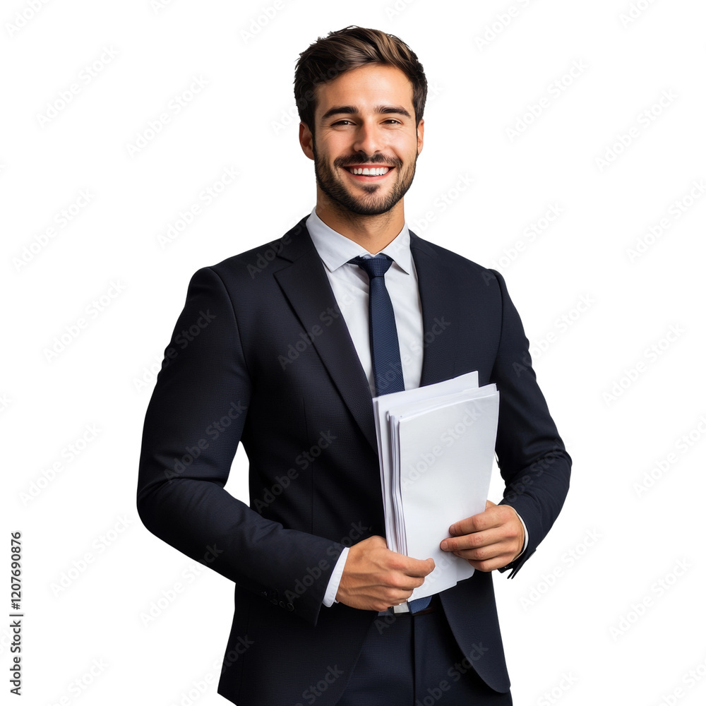 A happy businessman in a dark suit holds documents against a white background. A happy businessman in a dark suit holds documents against a white background.