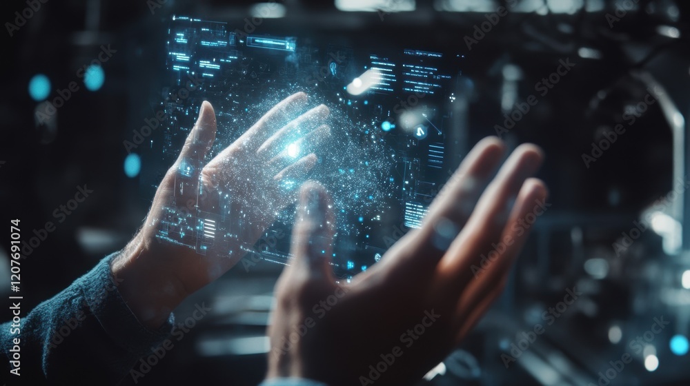 Fototapeta premium Close up of hands manipulating a holographic interface with data visualization in a dark, high tech laboratory, highlighting innovation and technological advancement