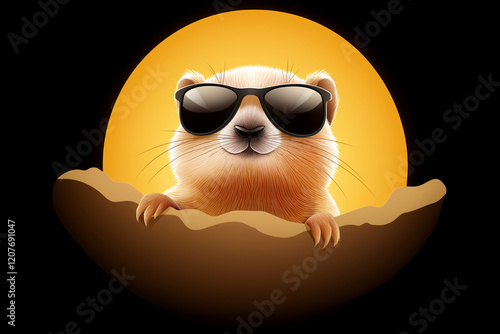 Cute cartoon marmot in sunglasses crawling out of hole. 2 February. Weather prediction concept