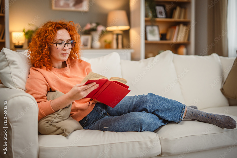 Obraz premium relax redhead woman enjoy while read a book and lying down on sofa