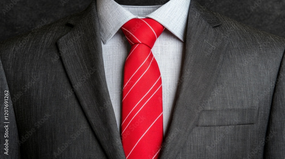 Sharp Dressed Man: Close-up of a man's charcoal grey suit with a crisp white shirt and a vibrant red striped tie, conveying professionalism, style, and confidence. Sharp Dressed Man: Close-up of a man's charcoal grey suit with a crisp white shirt and a vibrant red striped tie, conveying professionalism, style, and confidence.