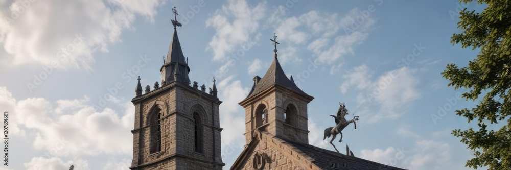 Church tower with a distinctive finial and weather vane, Weather Vane, Architecture Church tower with a distinctive finial and weather vane, Weather Vane, Architecture