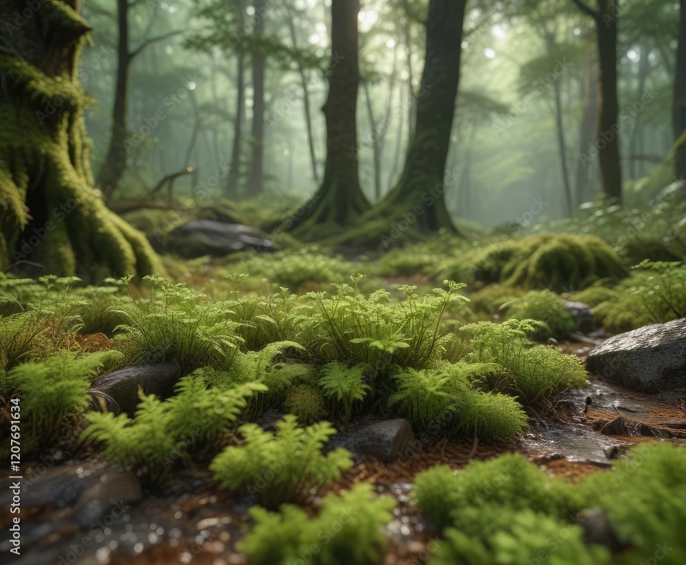 Fototapeta premium Atrichum angustatum moss growing in a damp, shaded forest floor , dense vegetation, lush greenery, undergrowth