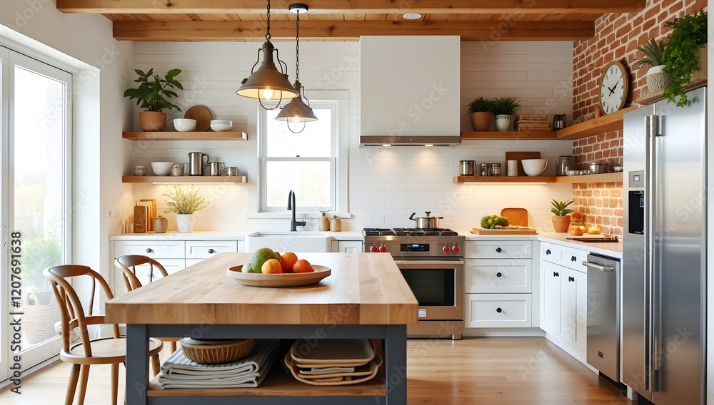 Modern farmhouse kitchen with butcher block island, white cabinets, and exposed wood beams. A bright and airy space perfect for cooking and entertaining. Modern farmhouse kitchen with butcher block island, white cabinets, and exposed wood beams. A bright and airy space perfect for cooking and entertaining.