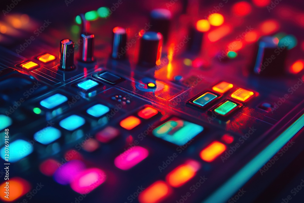 A close-up of an electronic music board, with colorful musical notes and symbols glowing on the surface A close-up of an electronic music board, with colorful musical notes and symbols glowing on the surface