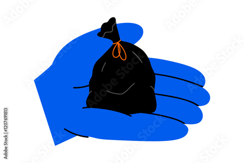 Hand drawn cute cartoon illustration of hand holding garbage bag. Flat vector black plastic package with trash in arm. Environmental pollution design doodle. Waste sorting sticker, icon. Isolated.