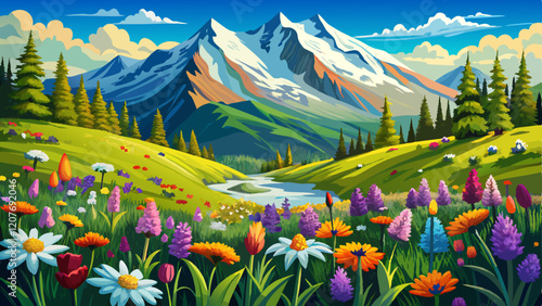 A vibrant wildflower meadow in full bloom, set against a backdrop of majestic snow-capped mountains. The serene and picturesque scene captures the beauty of nature and the tranquility of the alpine 