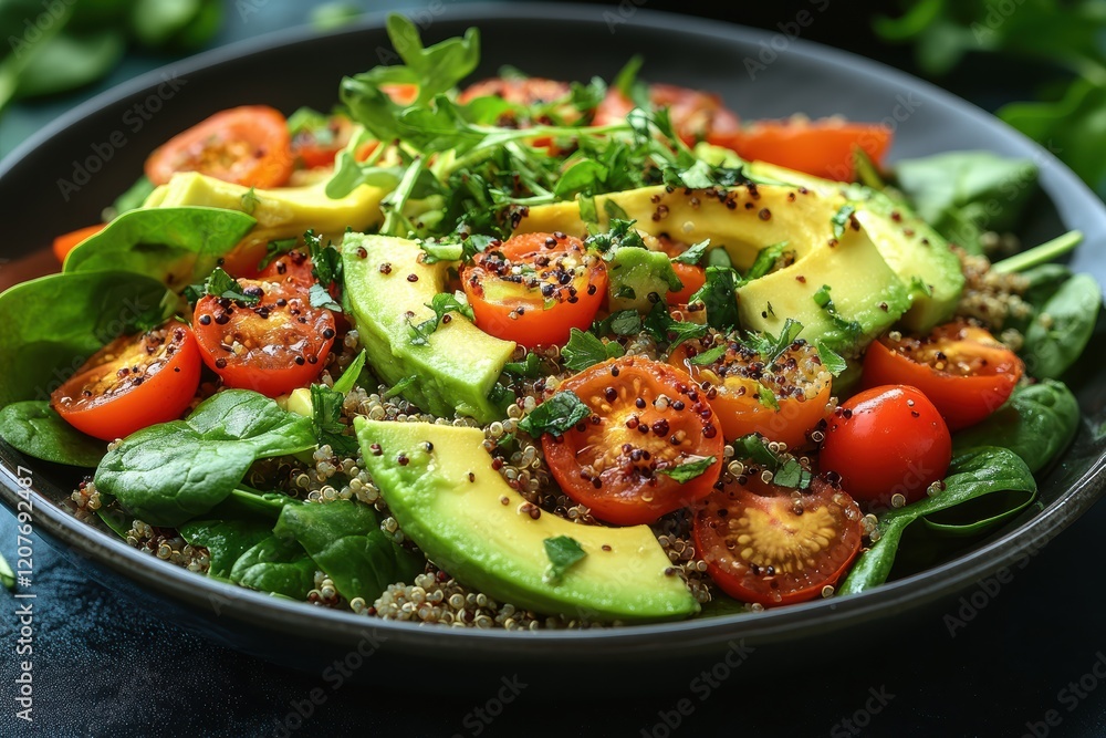 Bright and colorful salad featuring quinoa, avocado, cherry tomatoes, and leafy greens Bright and colorful salad featuring quinoa, avocado, cherry tomatoes, and leafy greens