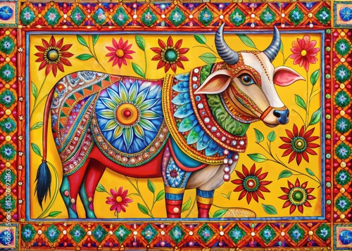 Wallpaper Mural Vibrant Madhubani cow painting in Pichwai style, featuring floral border; stunning bovine folk art illustration. Torontodigital.ca