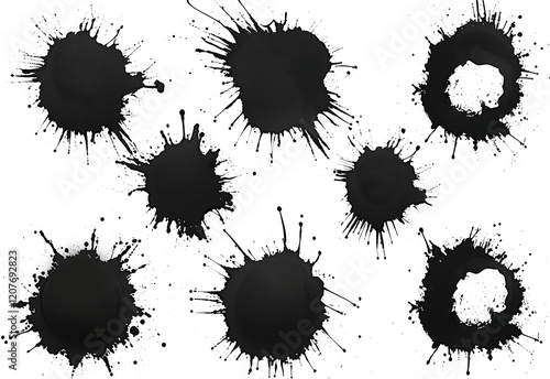 Various black ink stains with splatter effects on a clean white background