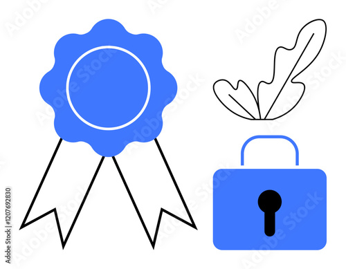 Blue ribbon for achievement, black outlined leaf for growth, blue lock for security. Ideal for recognition, value, protection, growth, achievement success safety concepts. Abstract line flat