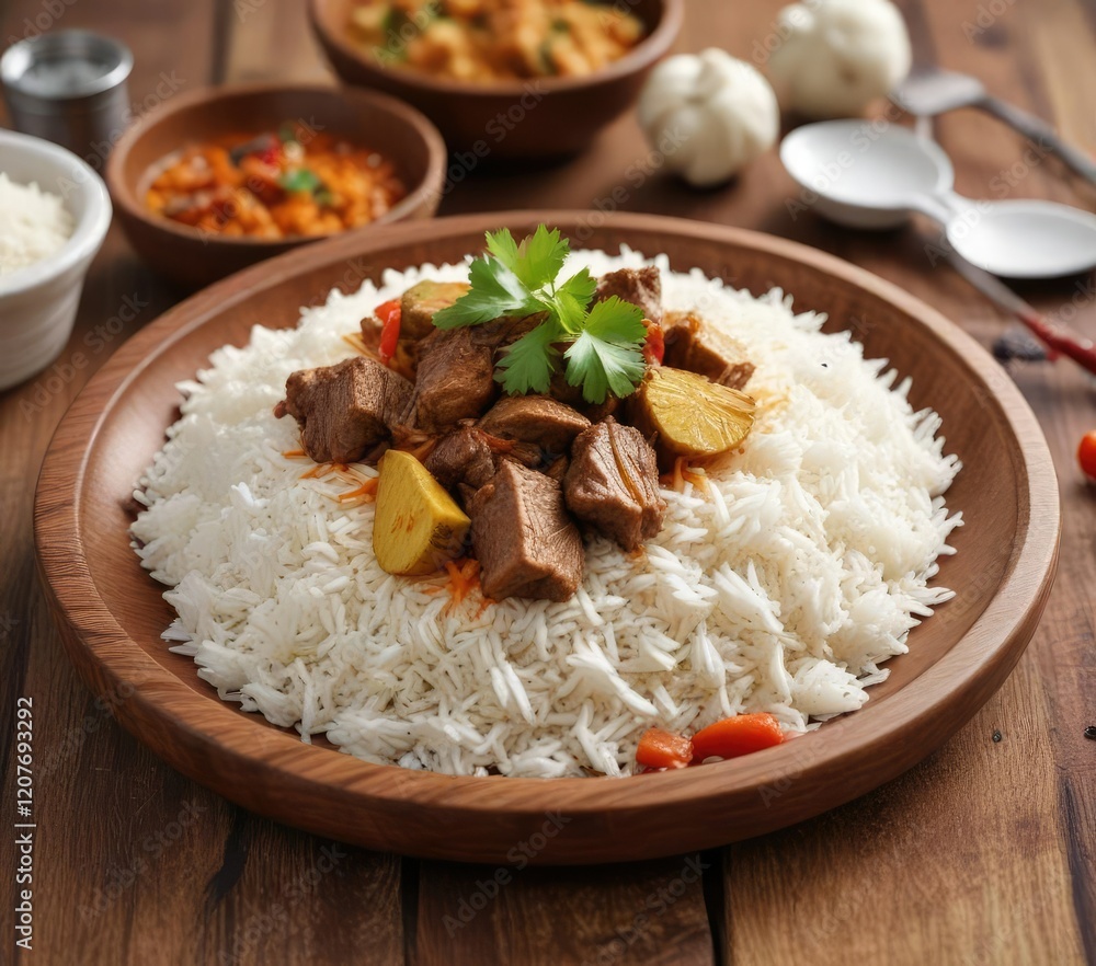 Basmati rice and lamb curry served on a wooden plate, wooden plate, golden brown rice, spicy dish